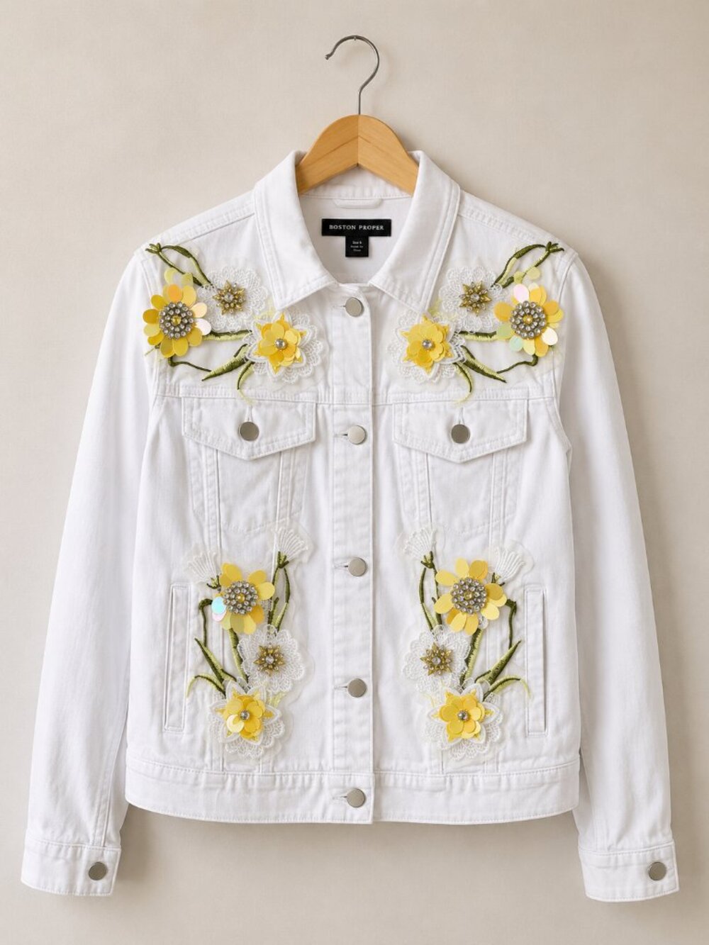 Boston Proper Denim Jacket Floral Applique Pearl Bead Embellished Size 6